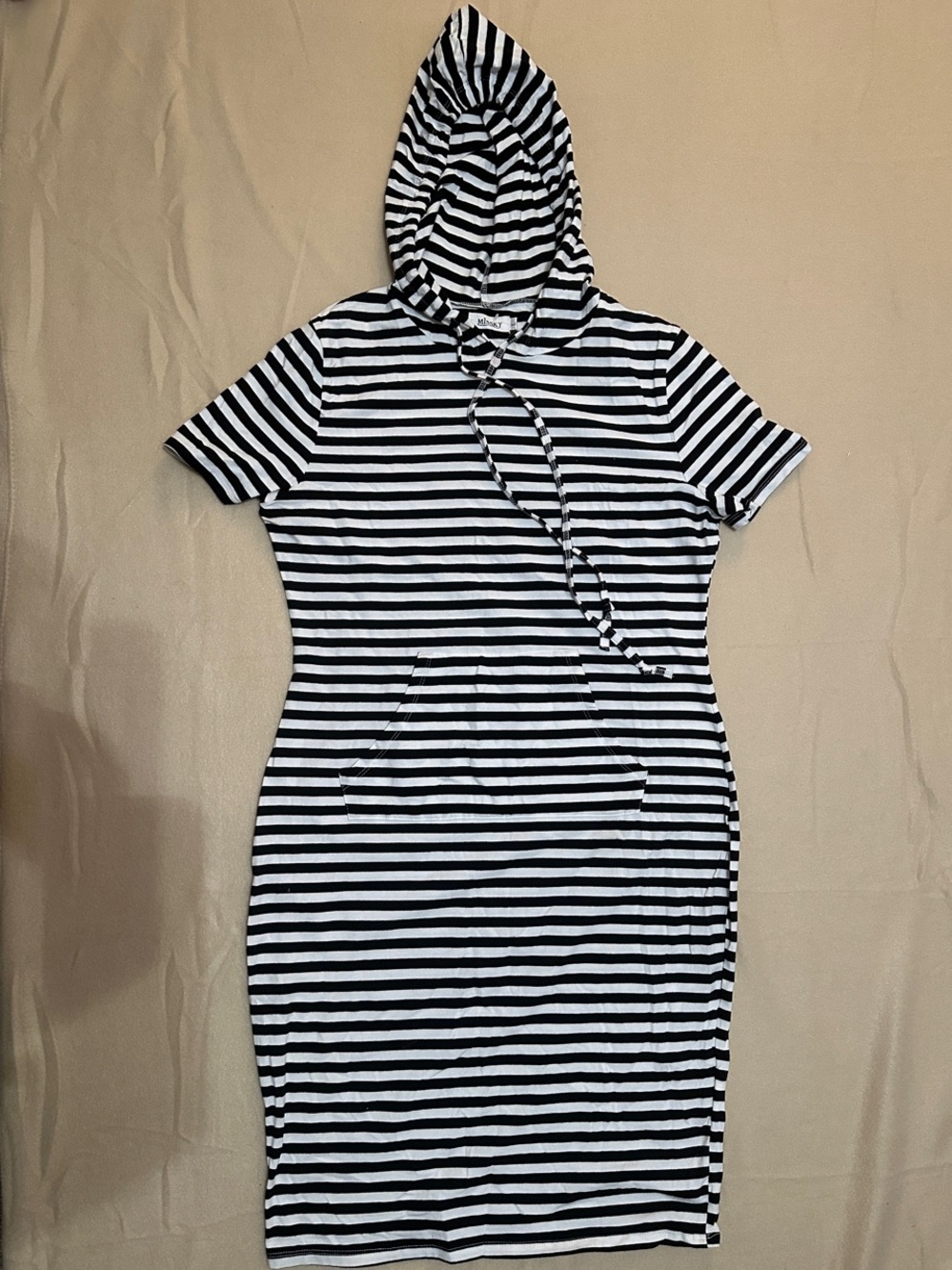 Striped Short-Sleeve Hoodie Dress - Black & White